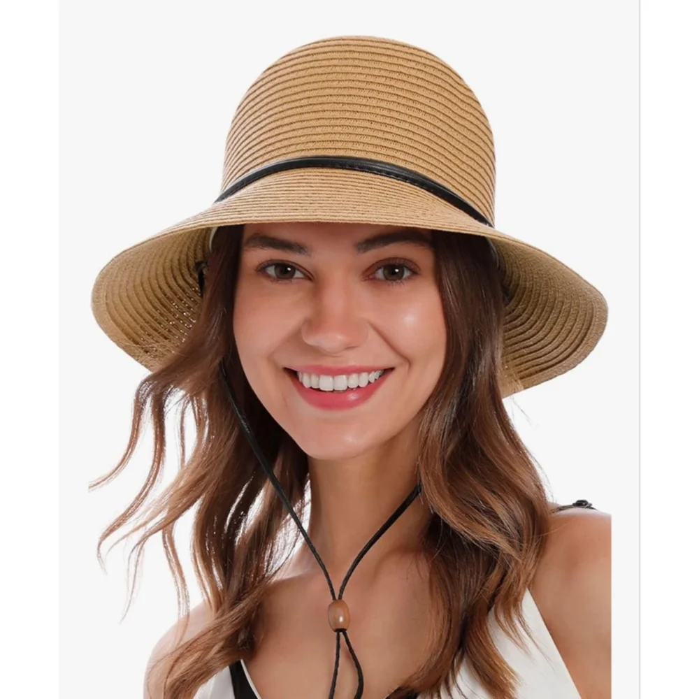 NEW Simplicity Beige Straw Sun Hat with Black Band One Size